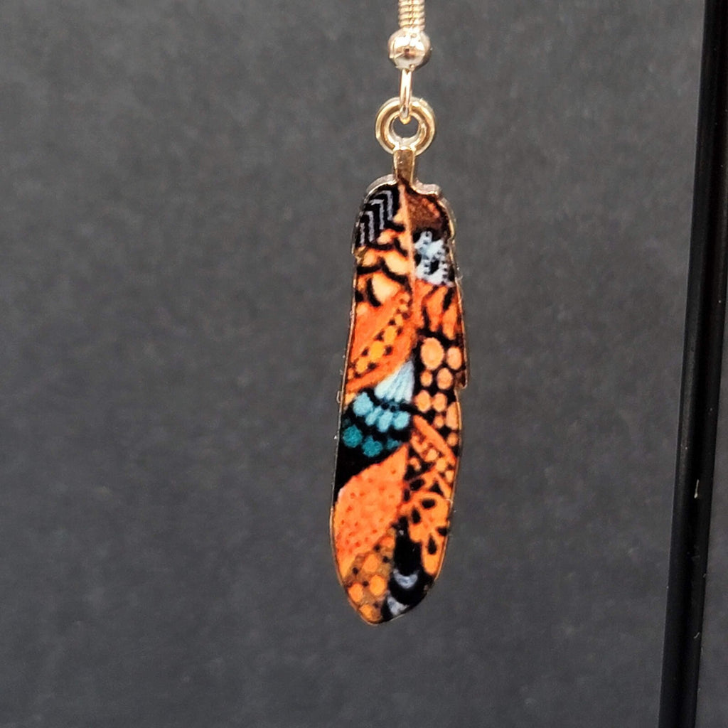 Metal Feather Pierced Earrings Ornage Blue Gold tone Dangle 1.5"