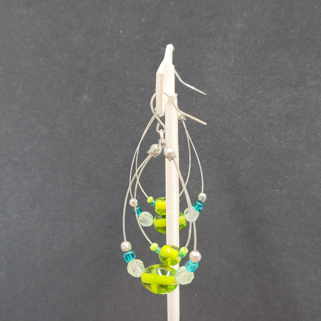 Pierced Earrings Silver tone Green Blue Glass Beads Statement Hoops 2 1/8"