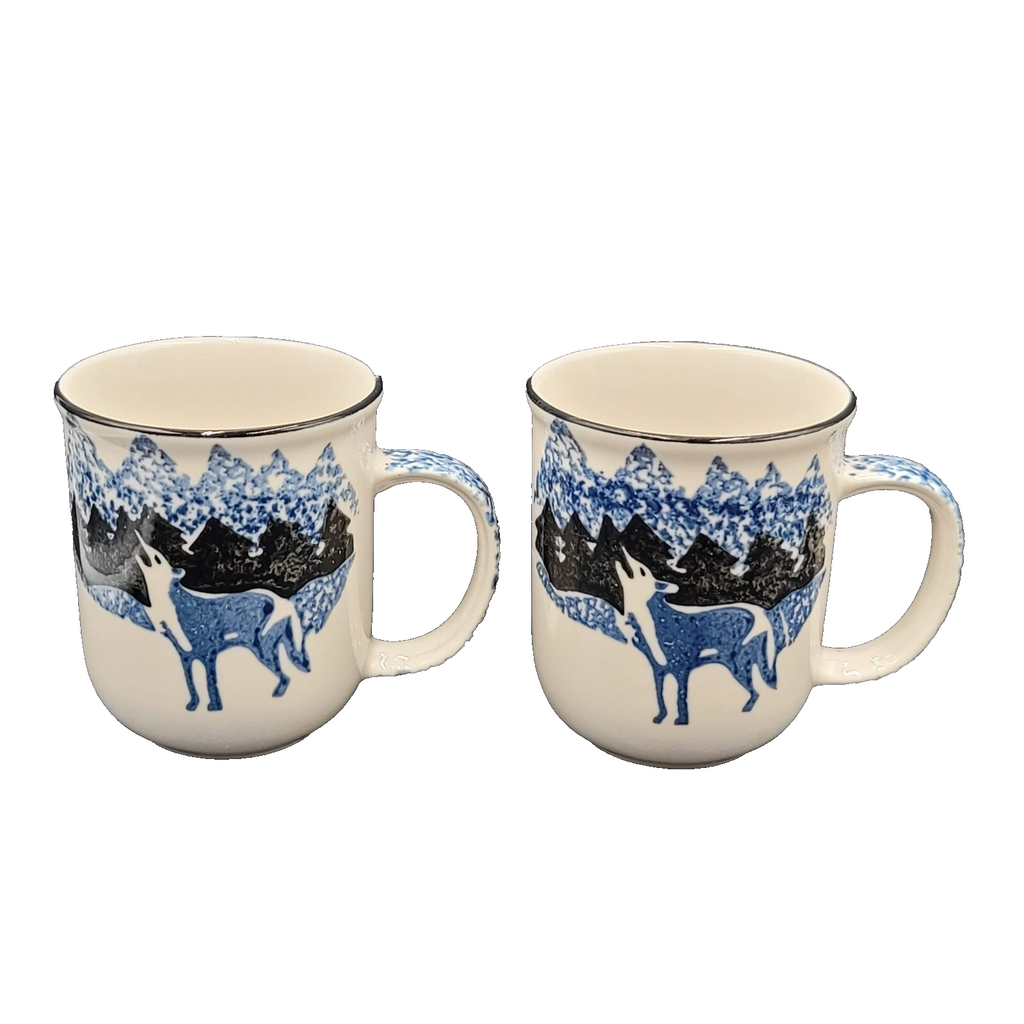 Set of 2 Vintage WOLF TIENSHAN FOLK CRAFT 10 oz Coffee Mugs Tea Cups Blue Sponge