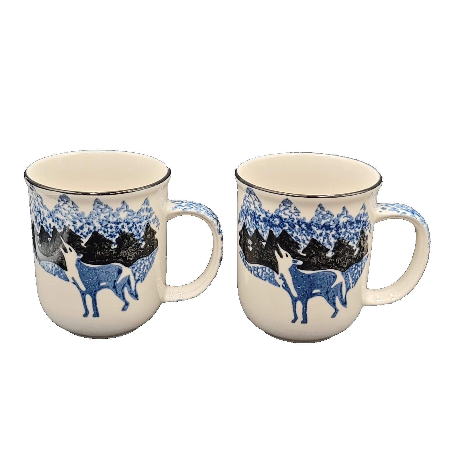 Set of 2 Vintage WOLF TIENSHAN FOLK CRAFT 10 oz Coffee Mugs Tea Cups Blue Sponge