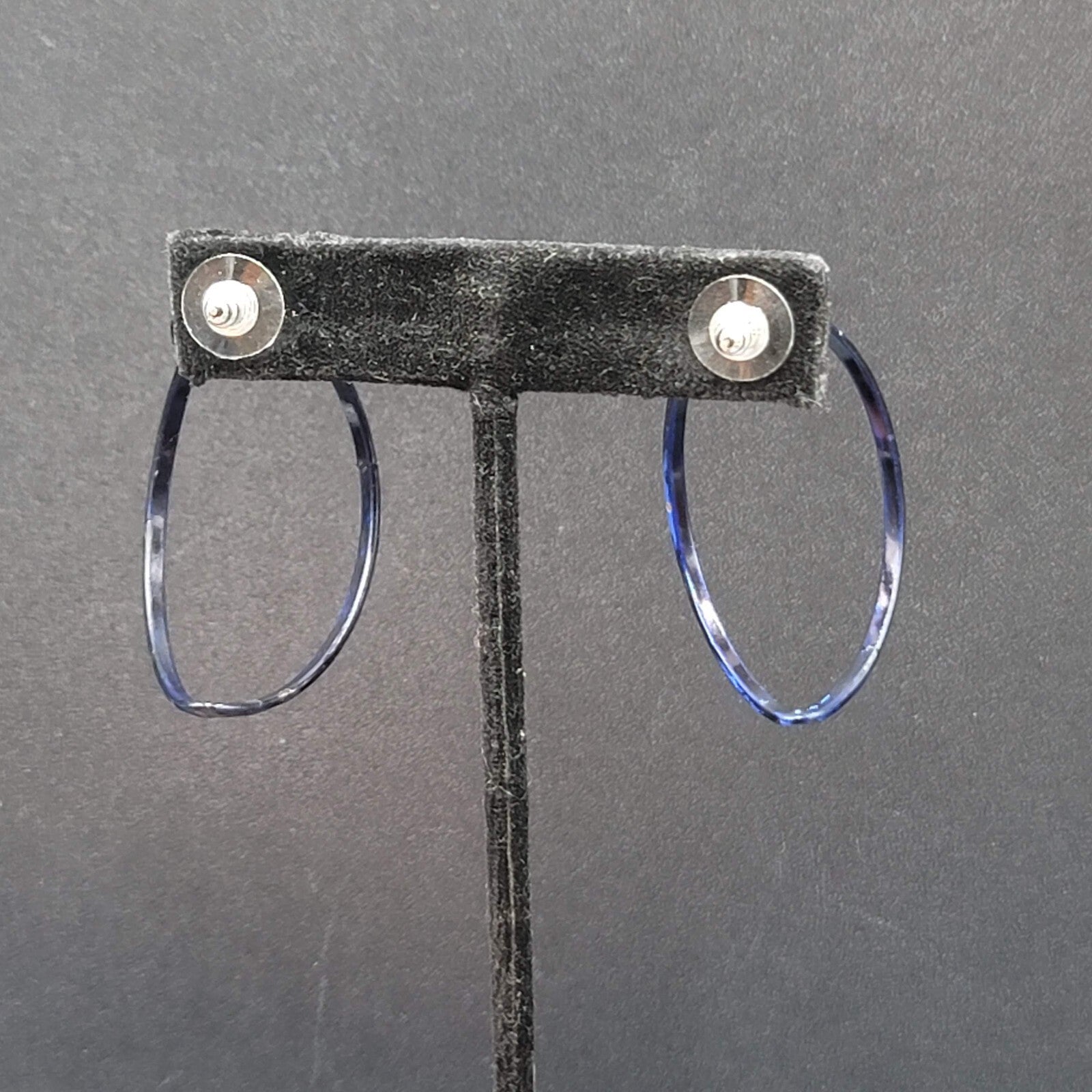 Vintage Pierced Earrings Navy Blue Enamel Open Half Hoops 1.75"