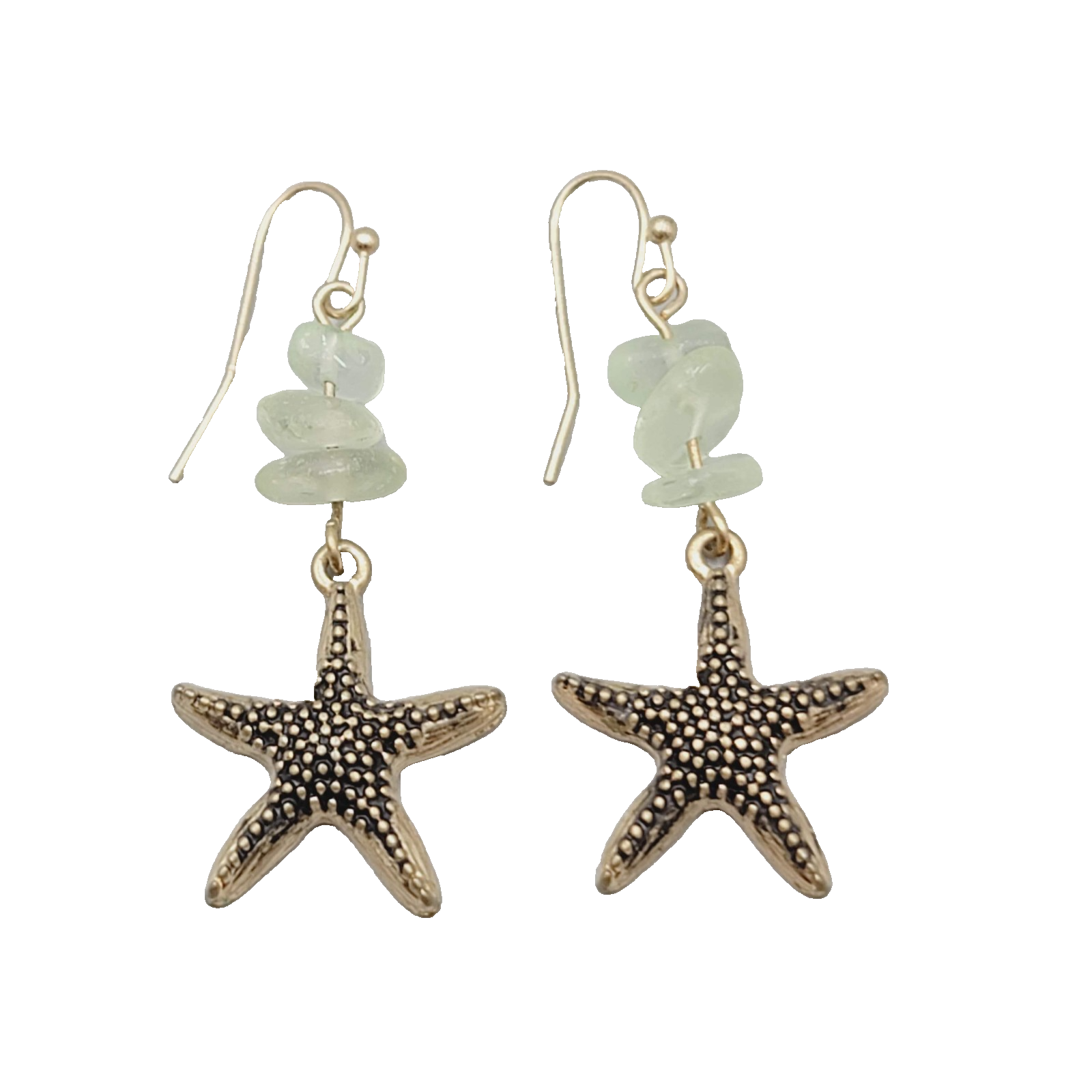 Starfish Dangle Pierced Earrings Gold Tone Green Gemstone Beads Beach  1.5"