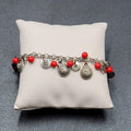Red Bead Bracelet Silver tone Rhinestone Dangle Adj. 7"-9.5"