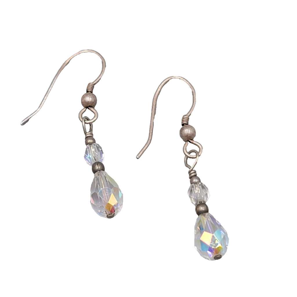 AB Crystal Teardrop Bead Pierced Earrings Silver tone Dangle 7/8"