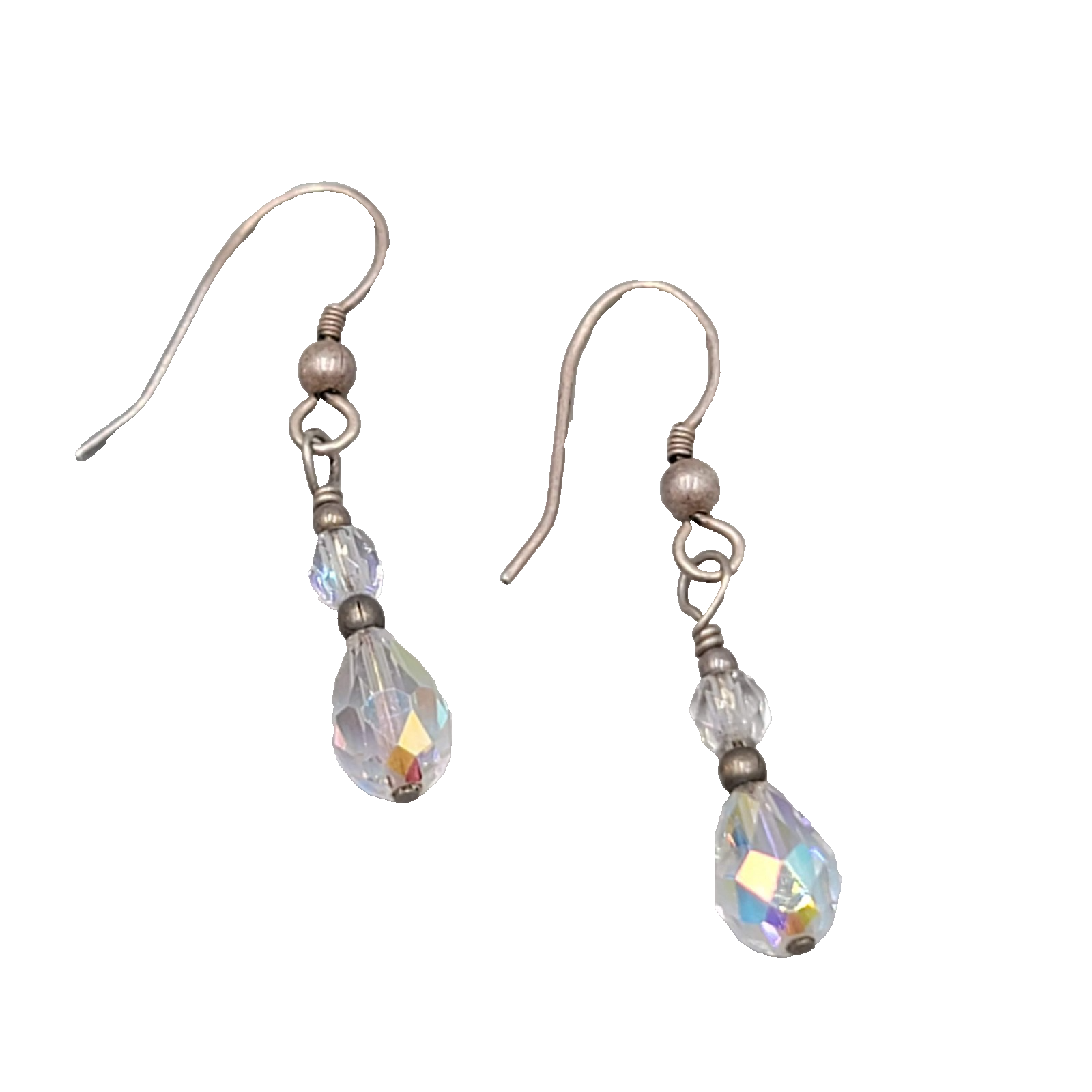 AB Crystal Teardrop Bead Pierced Earrings Silver tone Dangle 7/8"