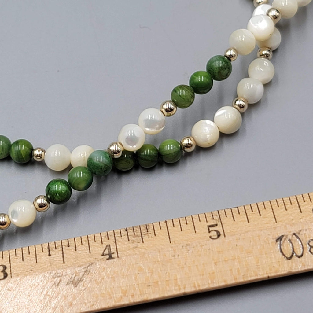 Vintage Sand Dollar Necklace Mother of Pearl Green Stone Beads Gold tone 18"