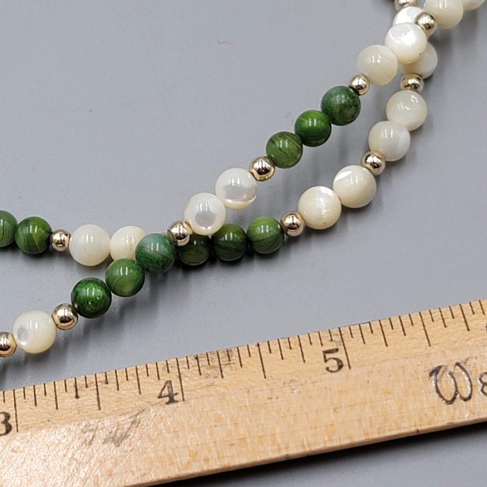 Vintage Sand Dollar Necklace Mother of Pearl Green Stone Beads Gold tone 18"