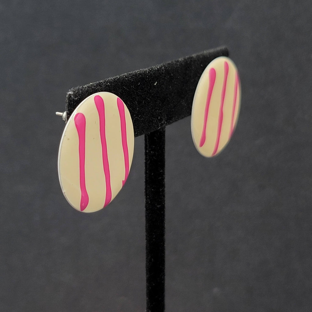 Vintage Pierced Earrings White Purple Stripes Round Disc 1"