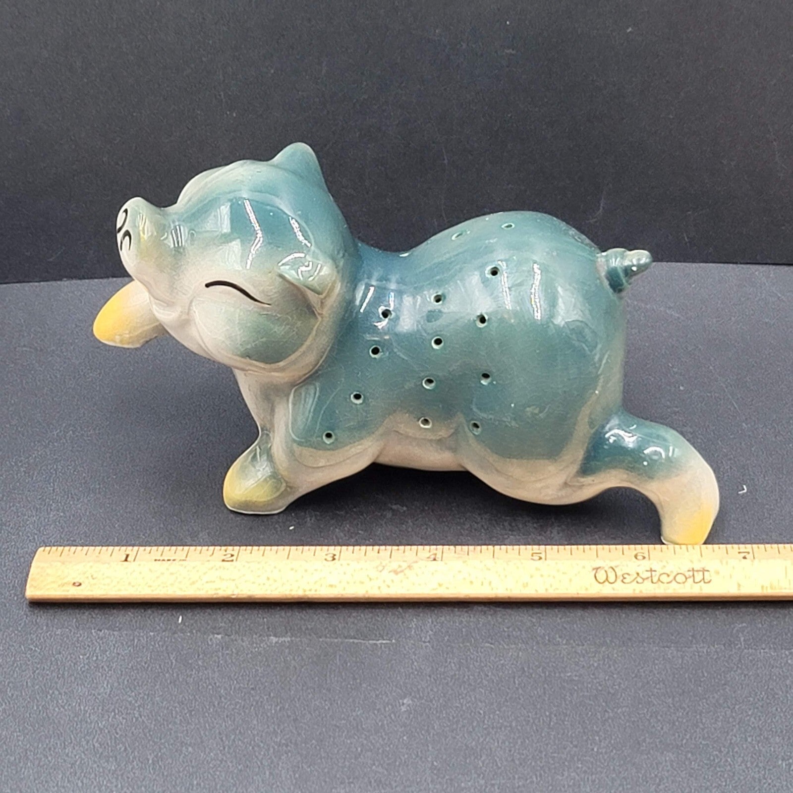 Vintage Blue Green Pig Toothpick Appetizer Server Ceramic MCM 7" x 3.5”