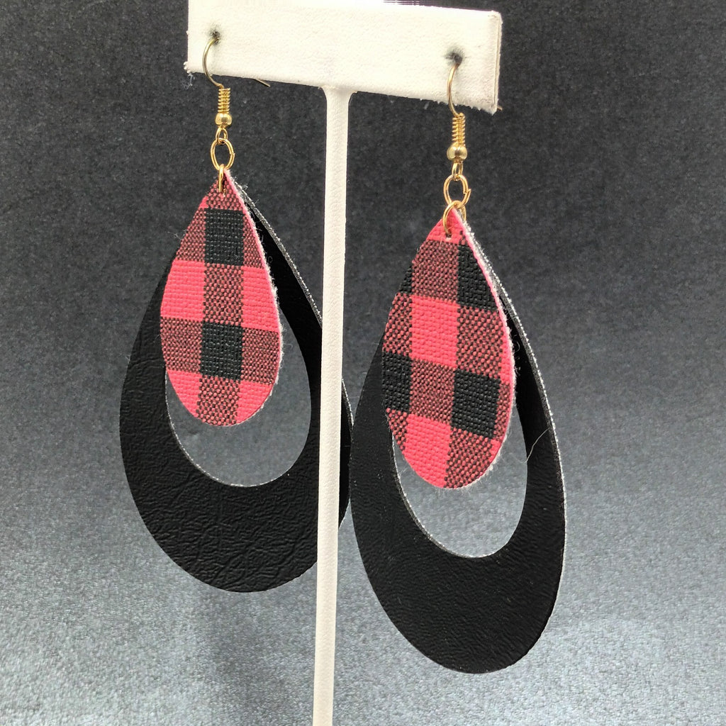 Pierced Earrings Red Black Plaid Faux Leather Teardrop Dangle 3 1/8"