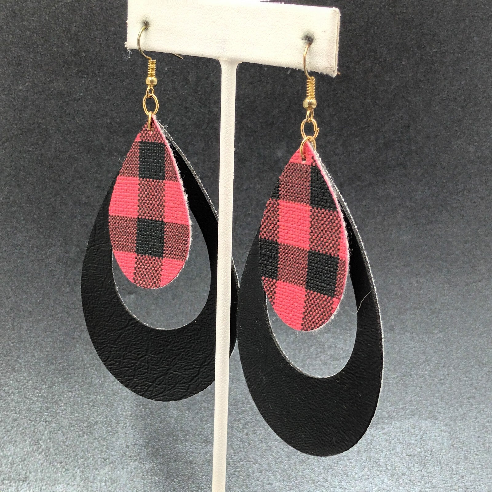 Pierced Earrings Red Black Plaid Faux Leather Teardrop Dangle 3 1/8"