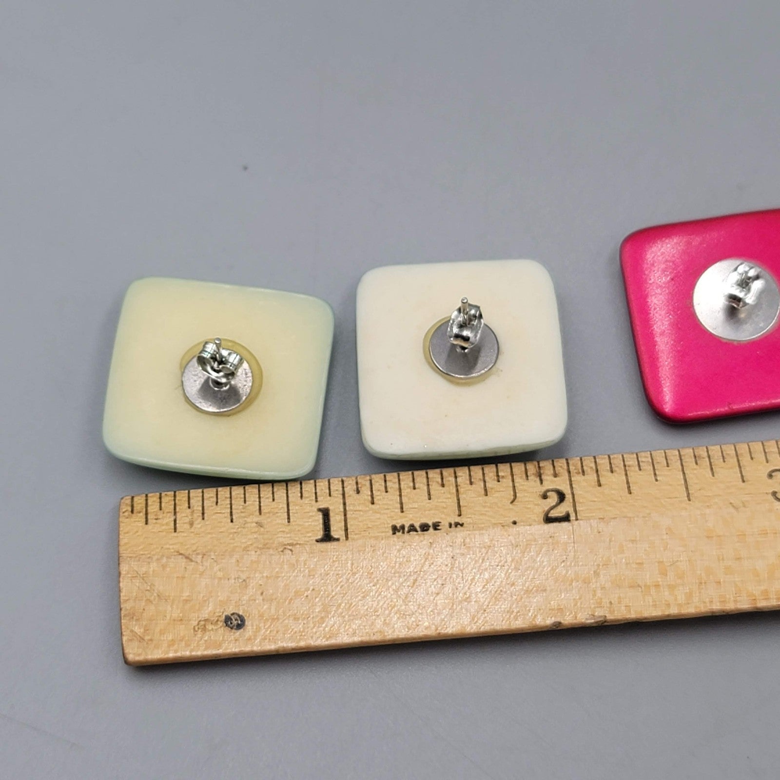 Vintage Square Pierced Earrings Red Blue Lot of 2 Retro Chunky Statement 1"