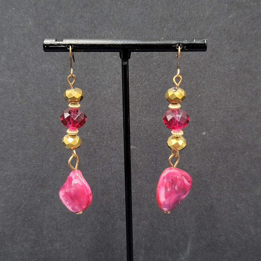 Pierced Earrings Gold tone Pink Beads Dyed Shell Dangle 2 1/8"