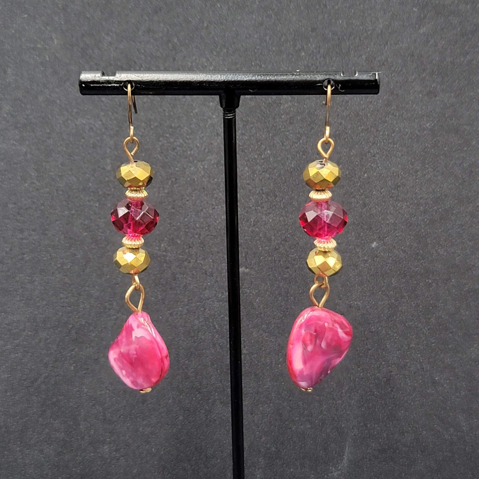 Pierced Earrings Gold tone Pink Beads Dyed Shell Dangle 2 1/8"