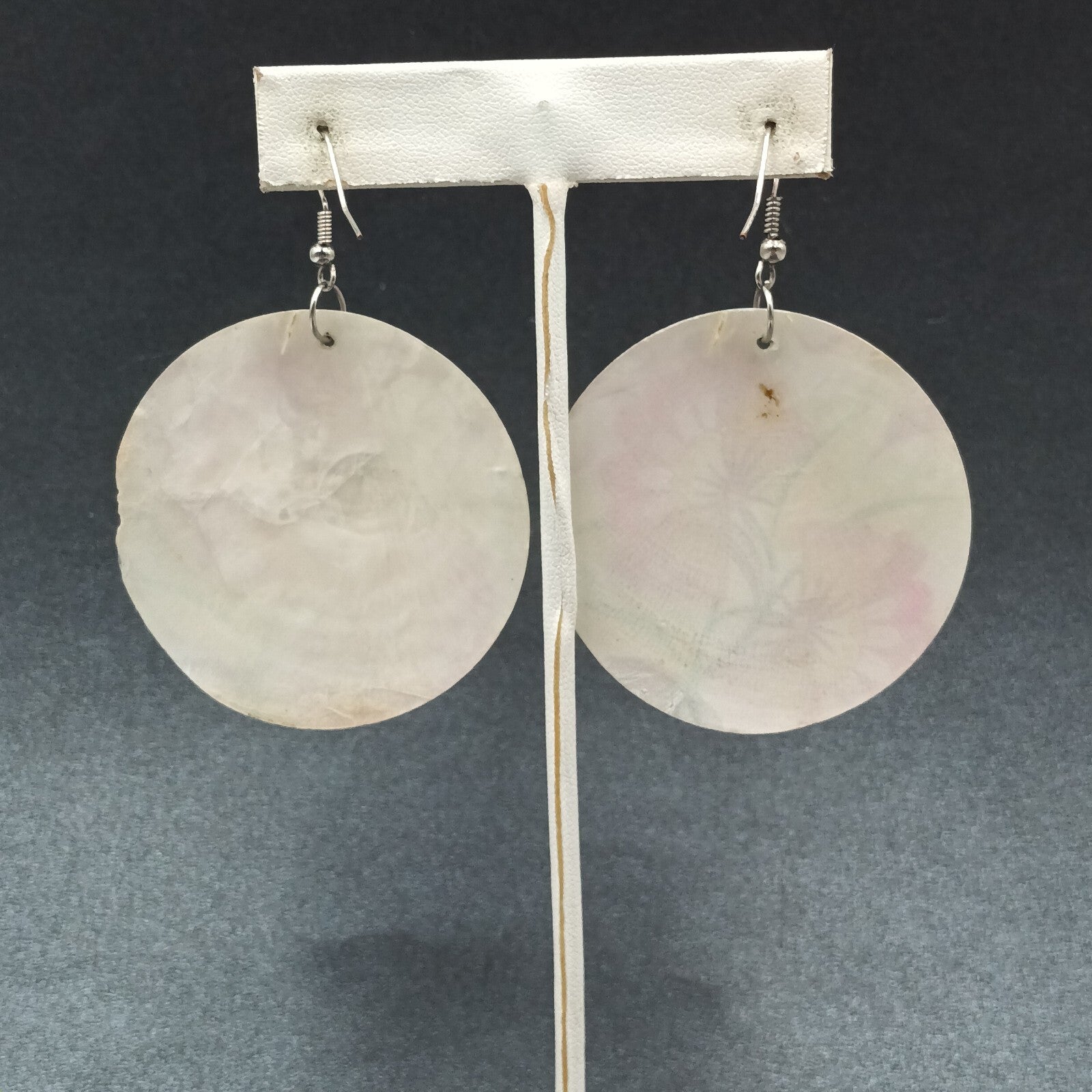 Pierced Earrings Painted Shell Round Multicolor Flower Silver tone Dangle 2"