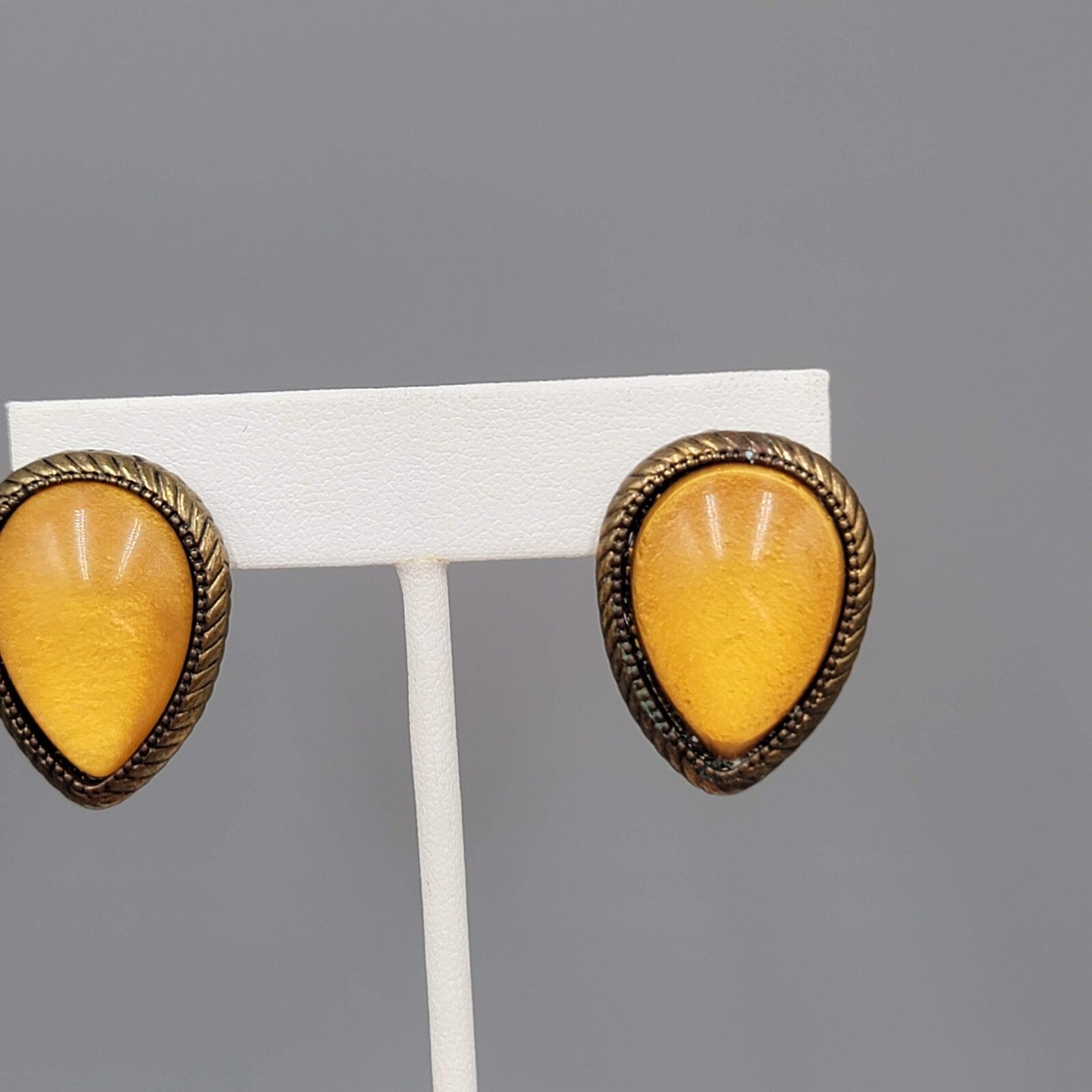 Reverse Teardrop Pierced Earrings Bronze tone Yellow Dome Drop 1"