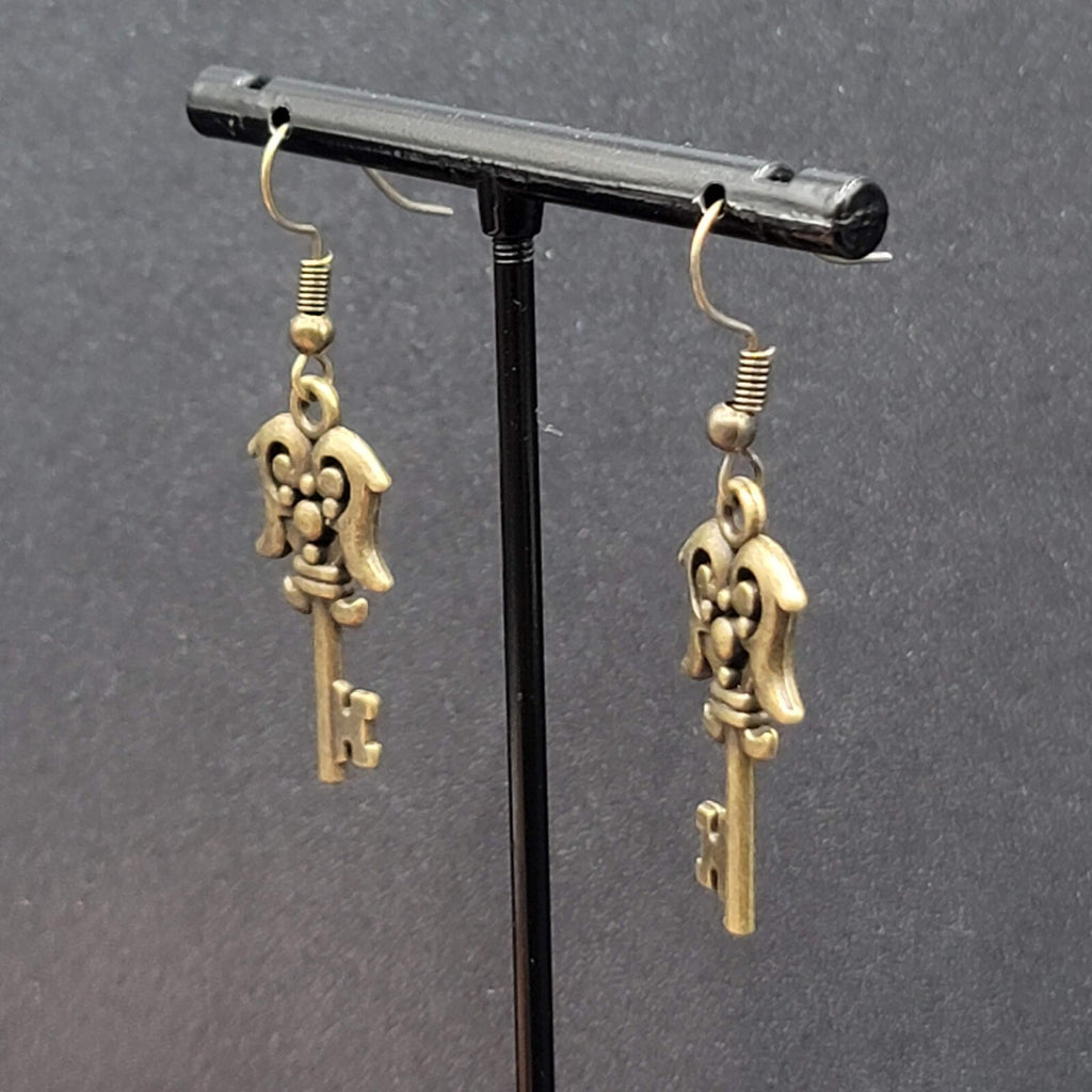 Fancy Skeleton Key Pierced Earrings Bronze tone Dangle NEW  1 1/8"
