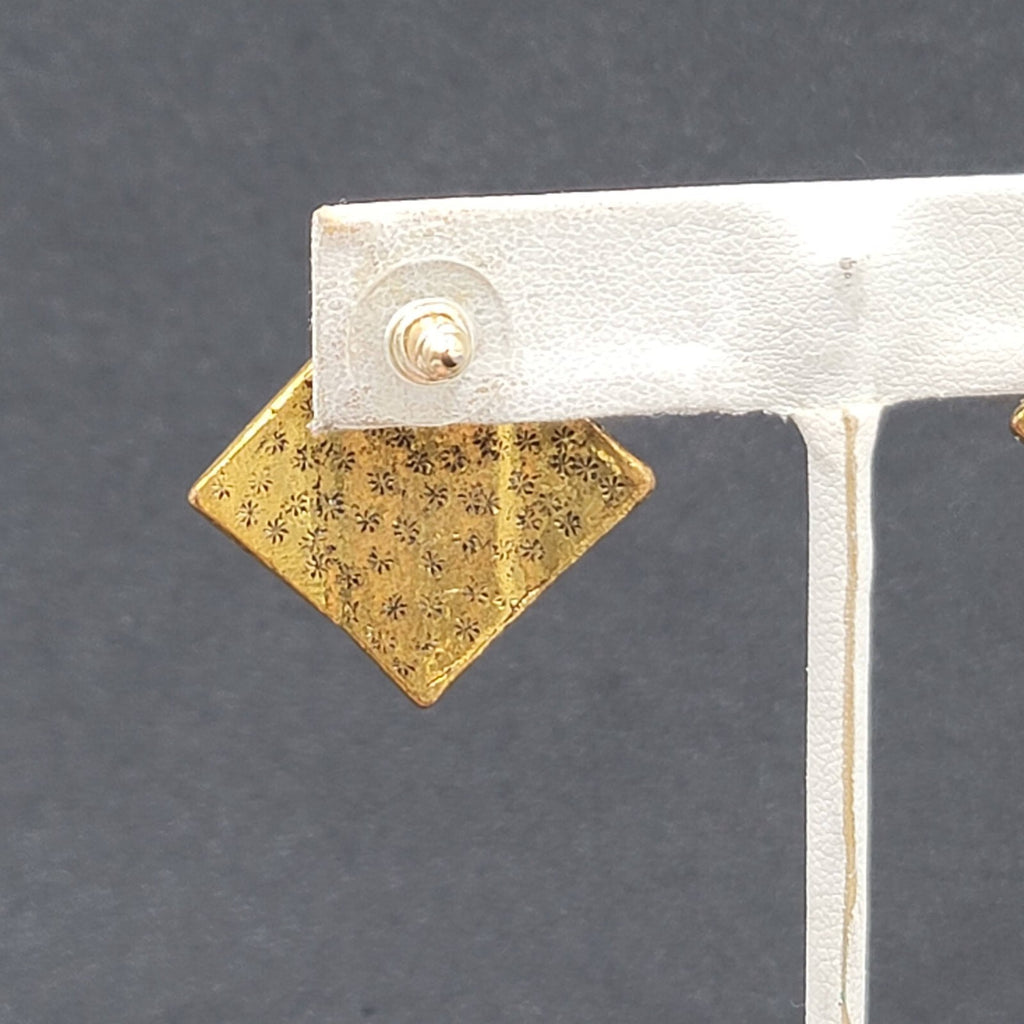 Pierced Earrings Antiqued Gold tone Brutalist Square Drop 1"