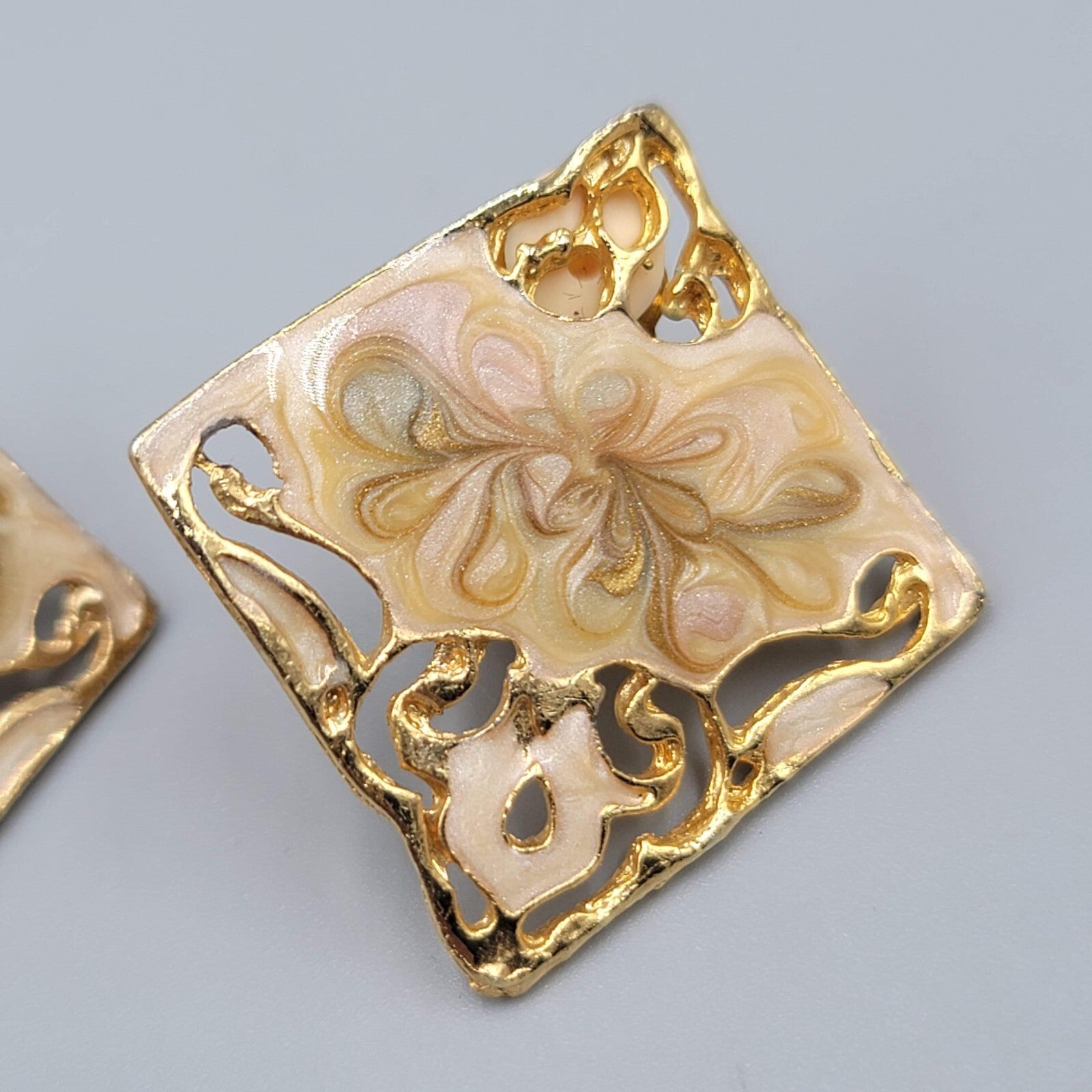 Vintage Swirl Cream Enamel Clip on Earrings Square Drop 1 3/8"