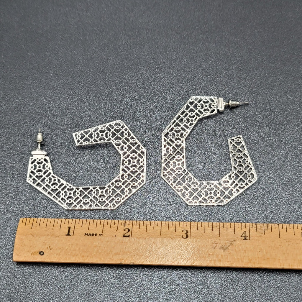 Pierced Earrings Silver tone Open Filigree Statement Hoops 2 1/8"