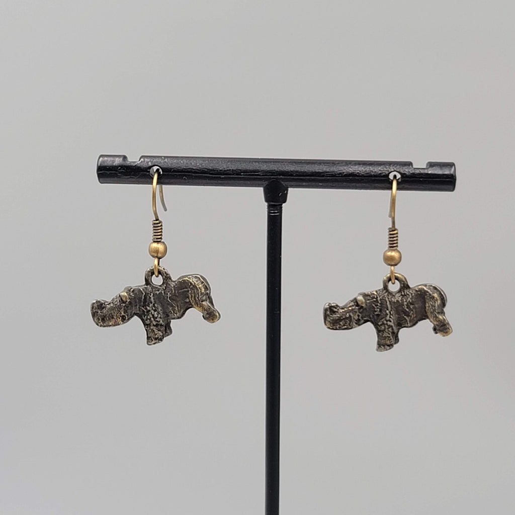 Rhinoceros Pierced Earrings Bronze tone Dangle 1/2"