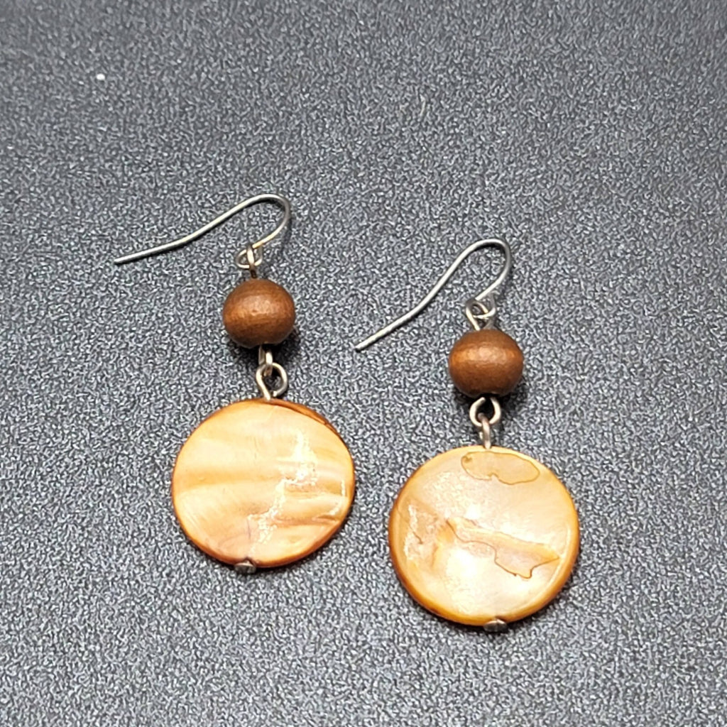 Pierced Earrings Silver tone Wood Bead Brown Round Shell Dangle 1.5"