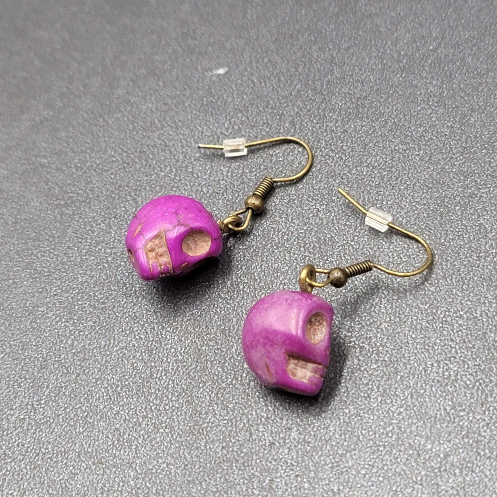 Skull Pierced Earrings Purple Howlite Stone Bead Dangle 3/4"