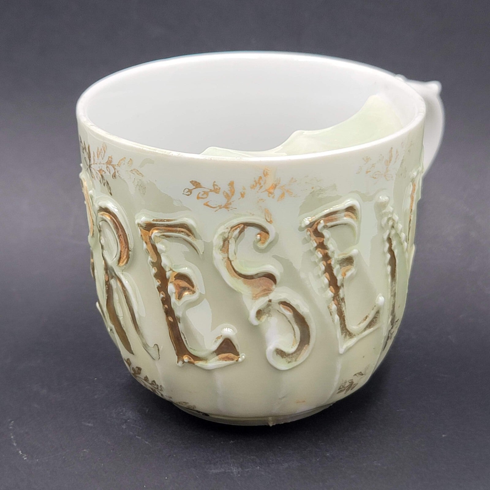 Antique Vintage Mustache Cup "Present" Gold Trim Floral Victorian Era Drinkware