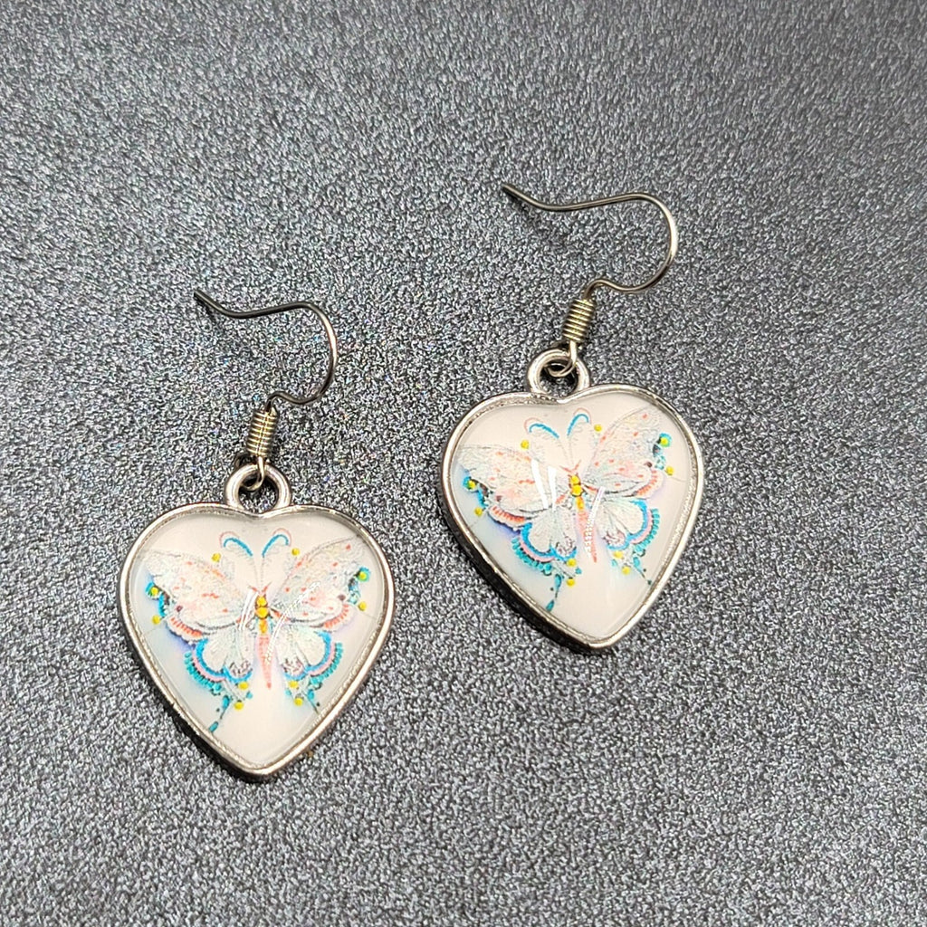 Butterfly Heart Pierced Earrings Silver tone Dangle Glass Cover 1"