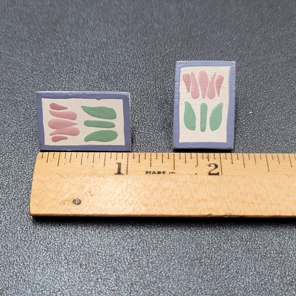 Vintage Tulip Flower Pierced Earrings Hand Painted Wood Rectangle Drop 1"
