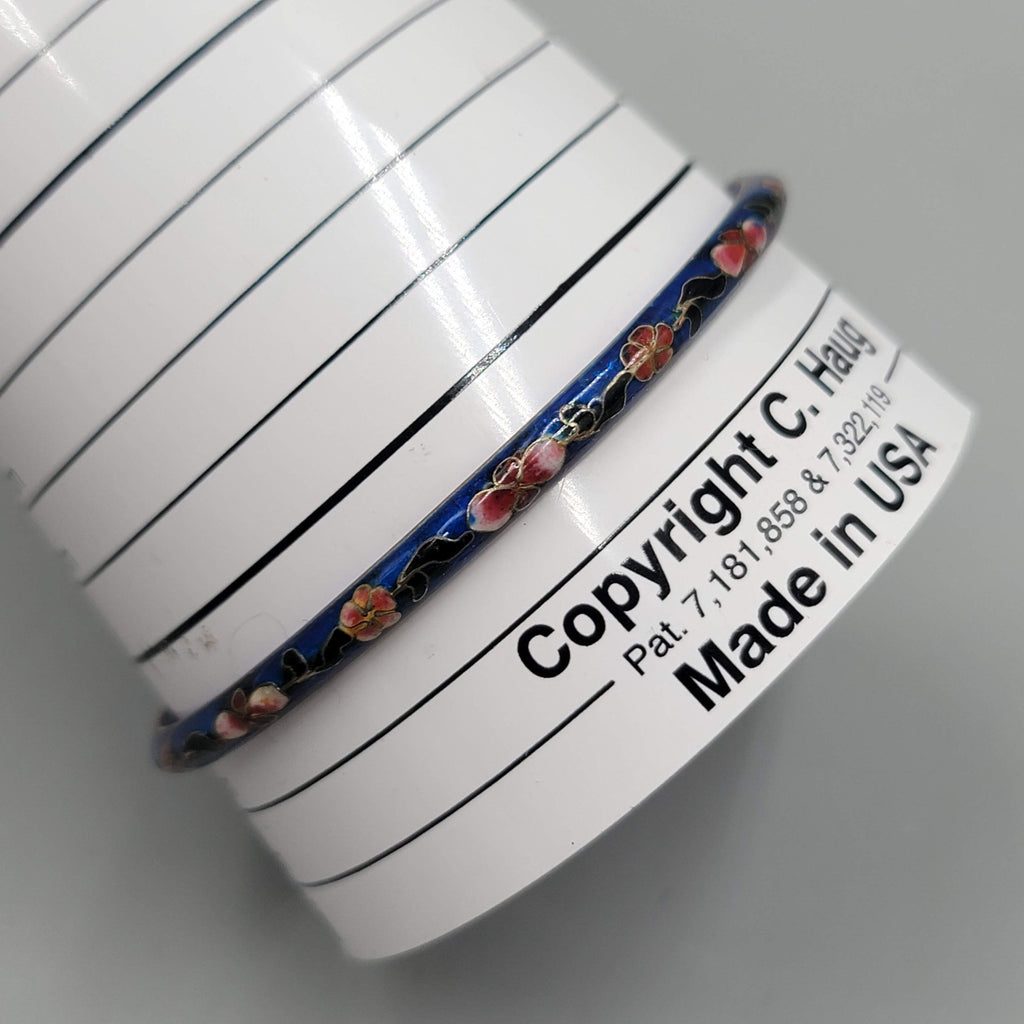 Vintage Cloisonne Bangle Bracelet Blue Enamel Flowers 8.25 in