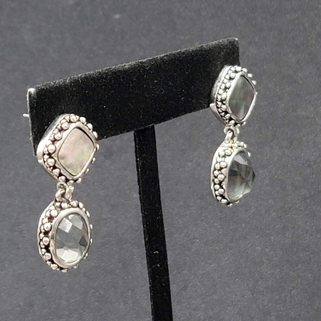 Pierced Earrings Silver tone Abalone Inlay Faceted Glass Dangle 1.25"