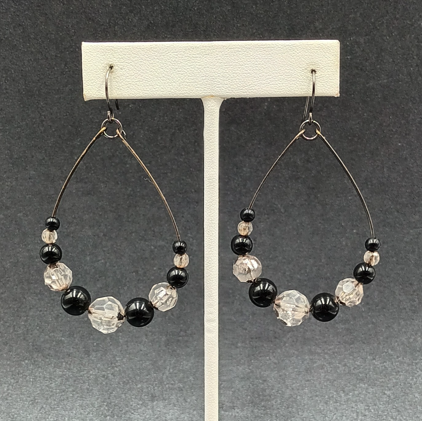 Pierced Earrings Gun Metal Gray Teardrop Wire Loop Acrylic Beaded Dangle 2"