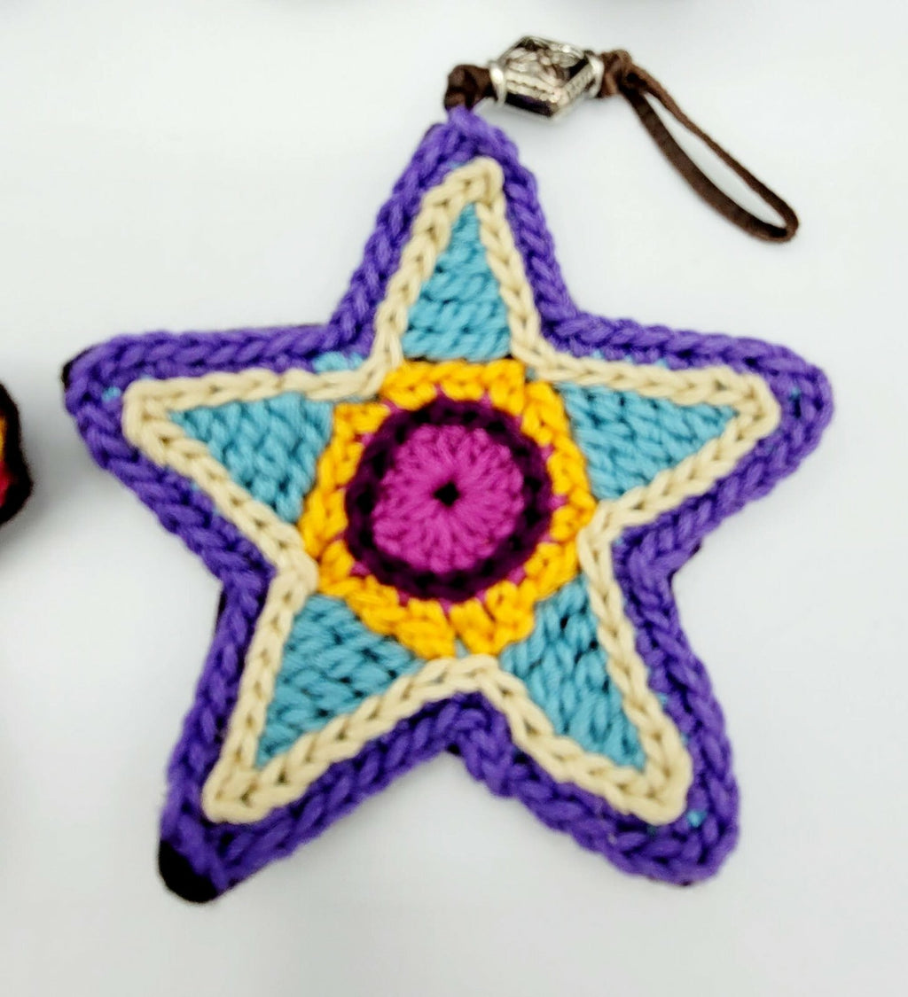 Crochet Knit Star Ornaments Lot of 4 Multi color Felt Back Leather hanger 4 in