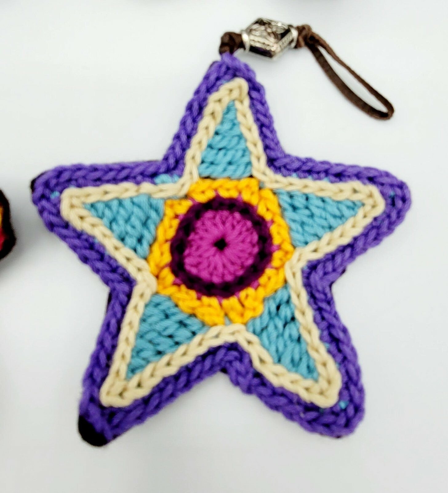 Crochet Knit Star Ornaments Lot of 4 Multi color Felt Back Leather hanger 4 in