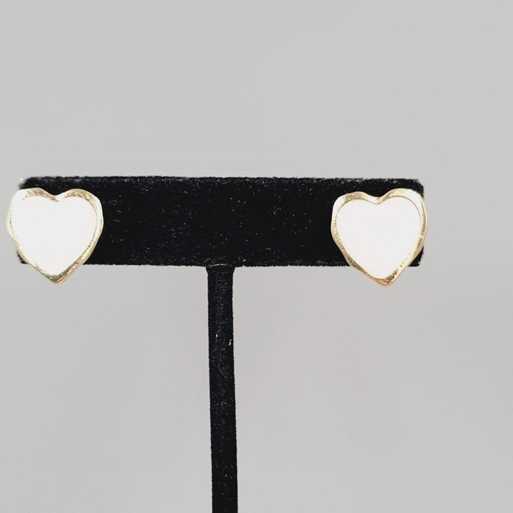 White Heart Pierced Earrings Enamel Gold tone Studs  5/8"