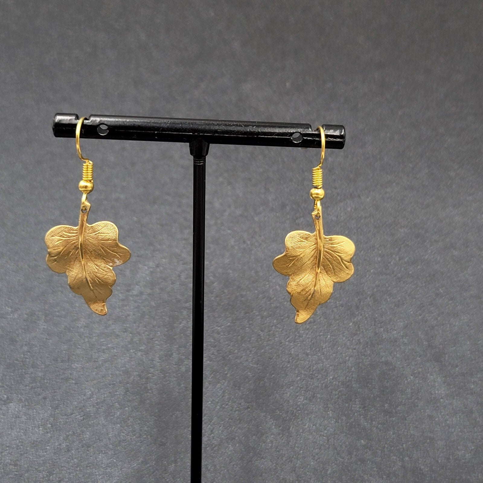 Pierced Earrings Brushed Gold Plated Dangle Detailed Leaves 1 1/8"