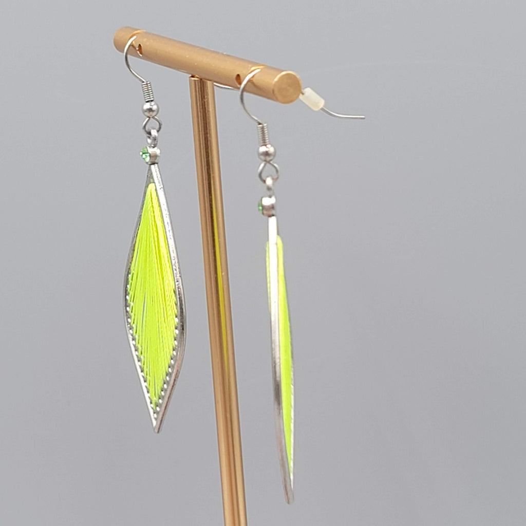 Neon Green String Art Pierced Earrings Silver tone Dangle 2.25 in