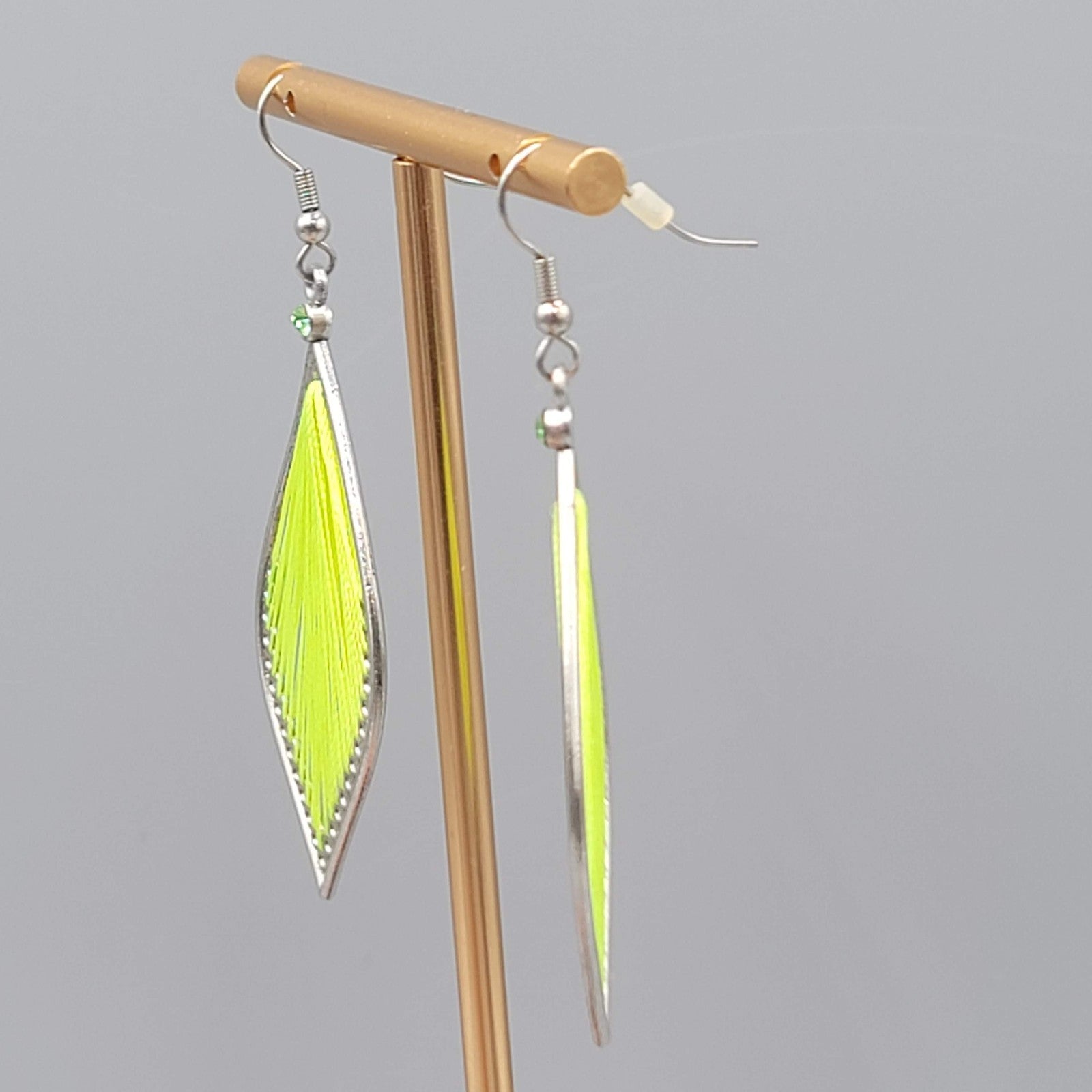 Neon Green String Art Pierced Earrings Silver tone Dangle 2.25 in