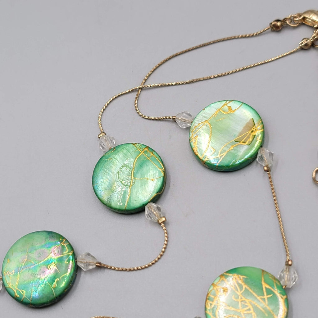 Green Dyed Mother of Pearl Station Bead Necklace 22"+