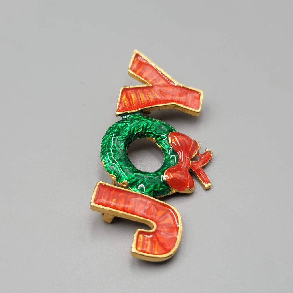Vintage JOY Brooch Christmas Enamel Gold tone Wreath 2 1/8"