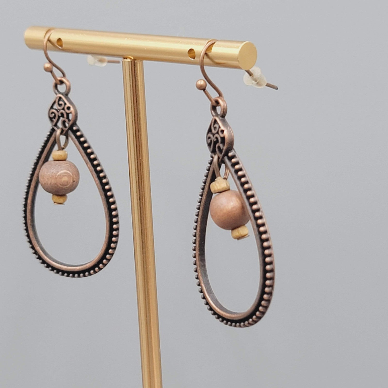Open Teardrop Wood Bead Pierced Earrings Bronze tone Dangle 1.5"