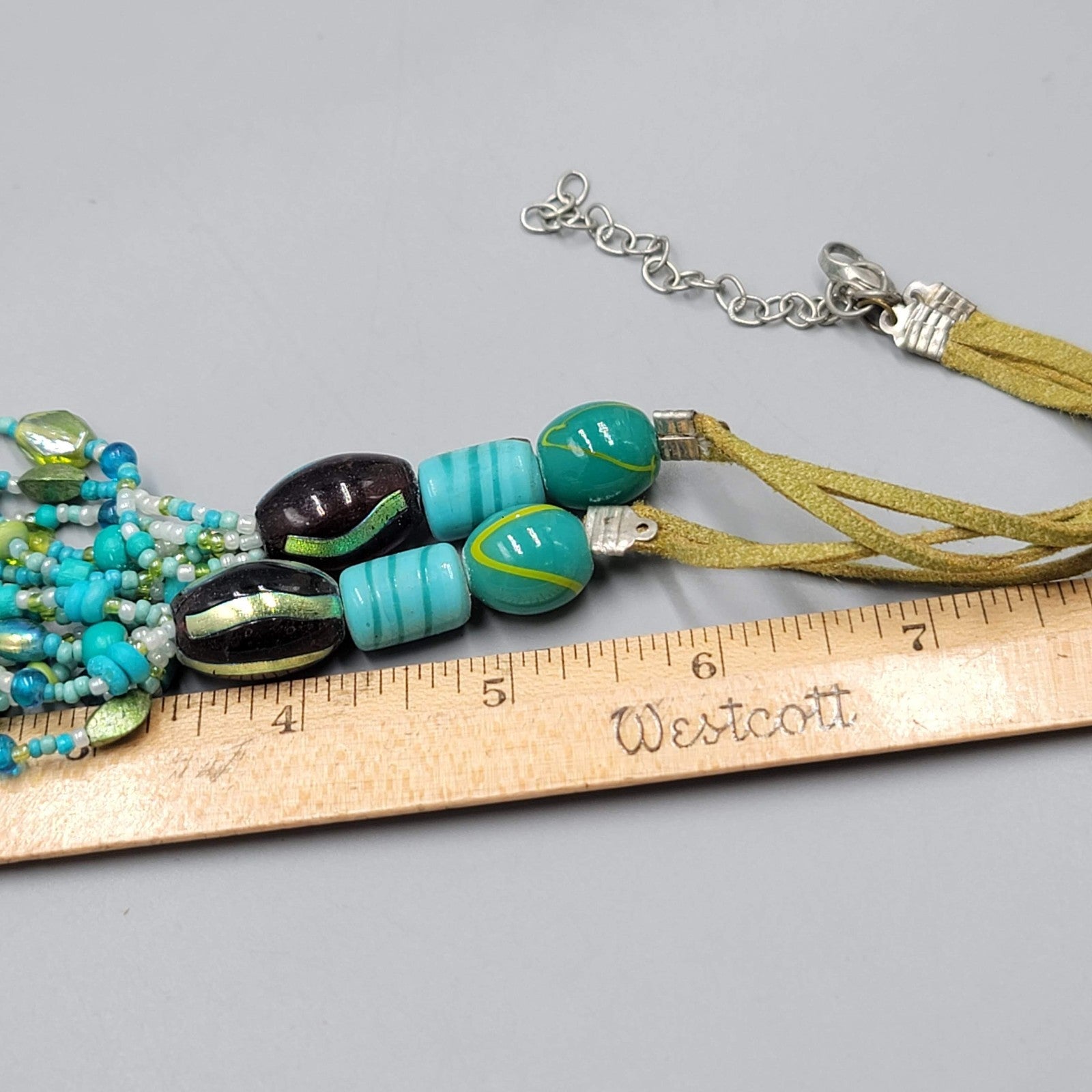 Green Blue Glass Bead Necklace Layered Statement 22"