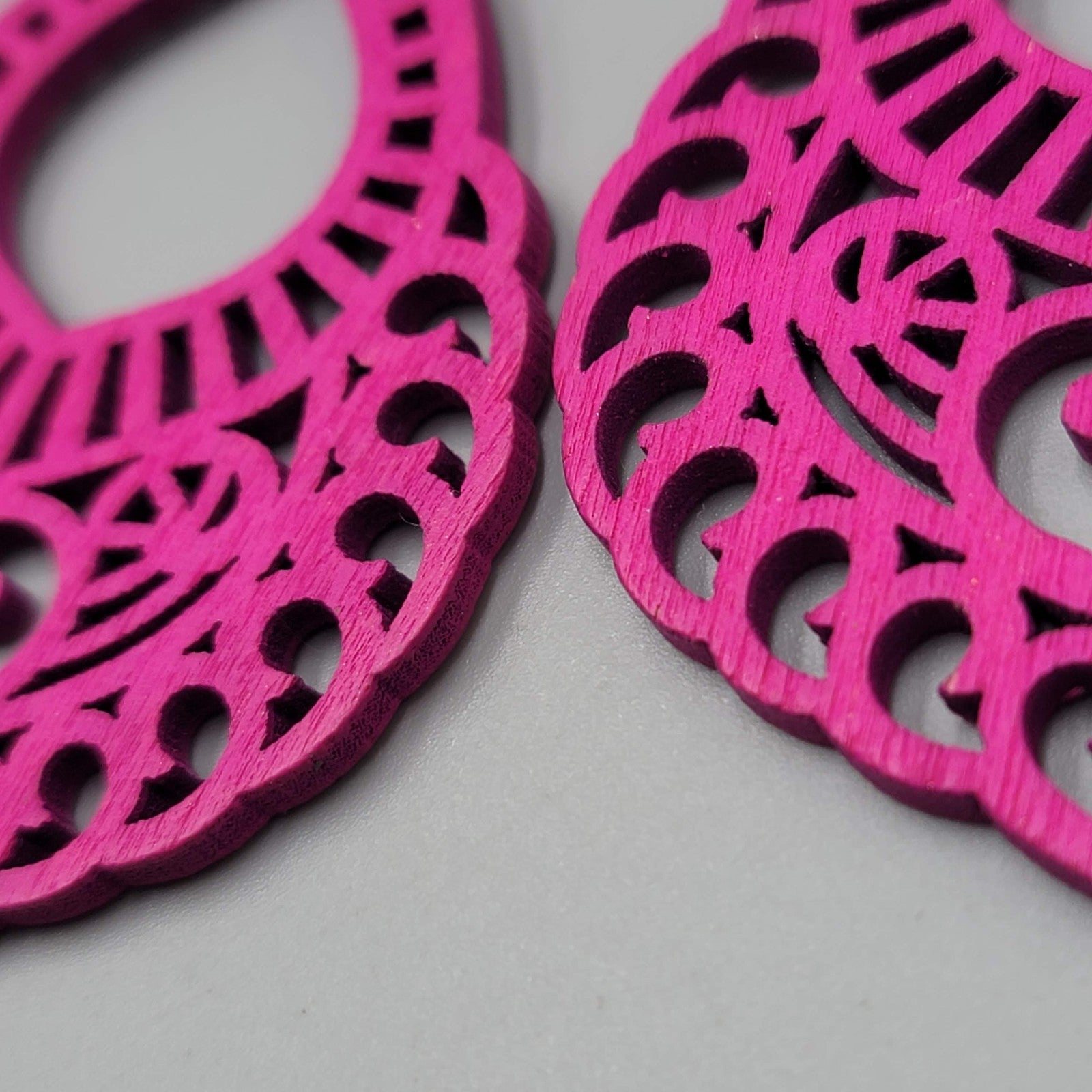 Bright Pink Wood Boho Pierced Earrings Large Statement Silver tone Dangle 3"