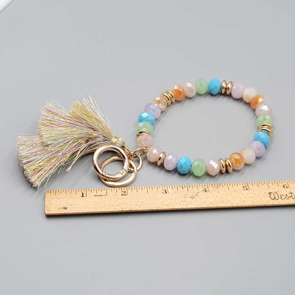 Pastel Color Faceted Glass Bead Bangle Bracelet Wristlet Key Rings Keychain