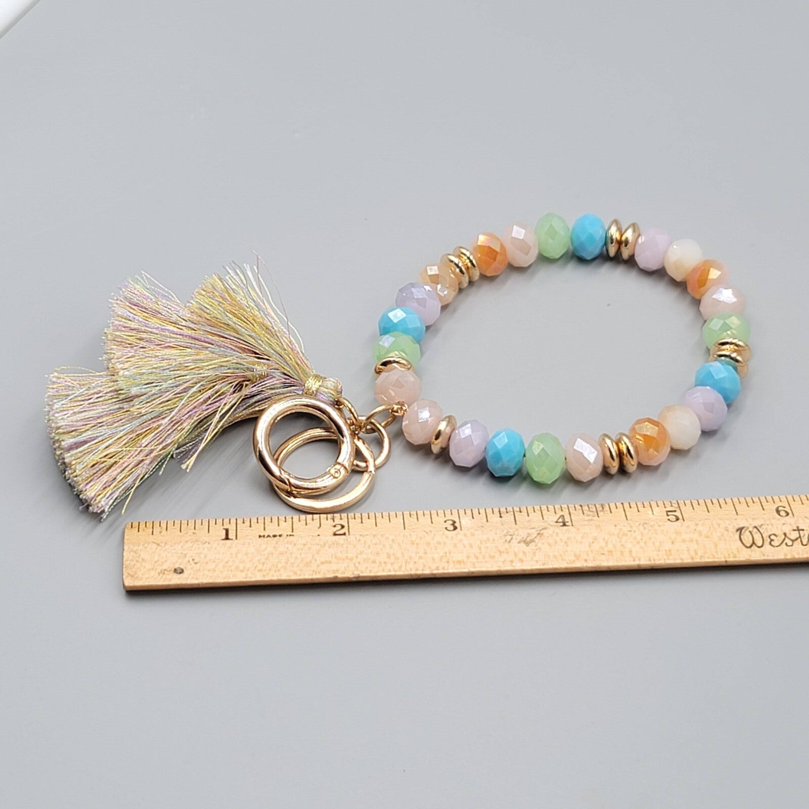 Pastel Color Faceted Glass Bead Bangle Bracelet Wristlet Key Rings Keychain