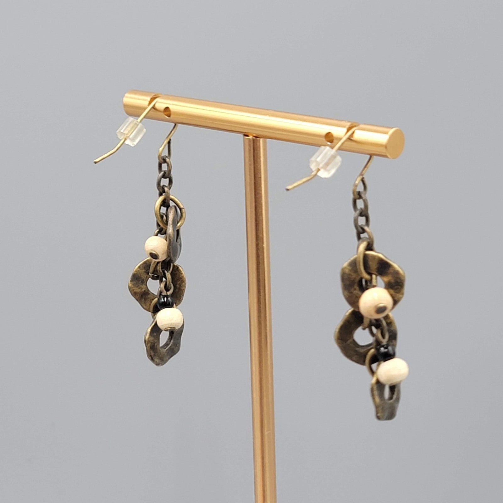 Circles Wood Bead Pierced Earrings Bronze tone Dangle 1.5 in