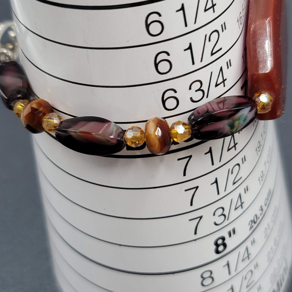 Art glass Bead Bracelet Silver tone Purple Brown Toggle 7"