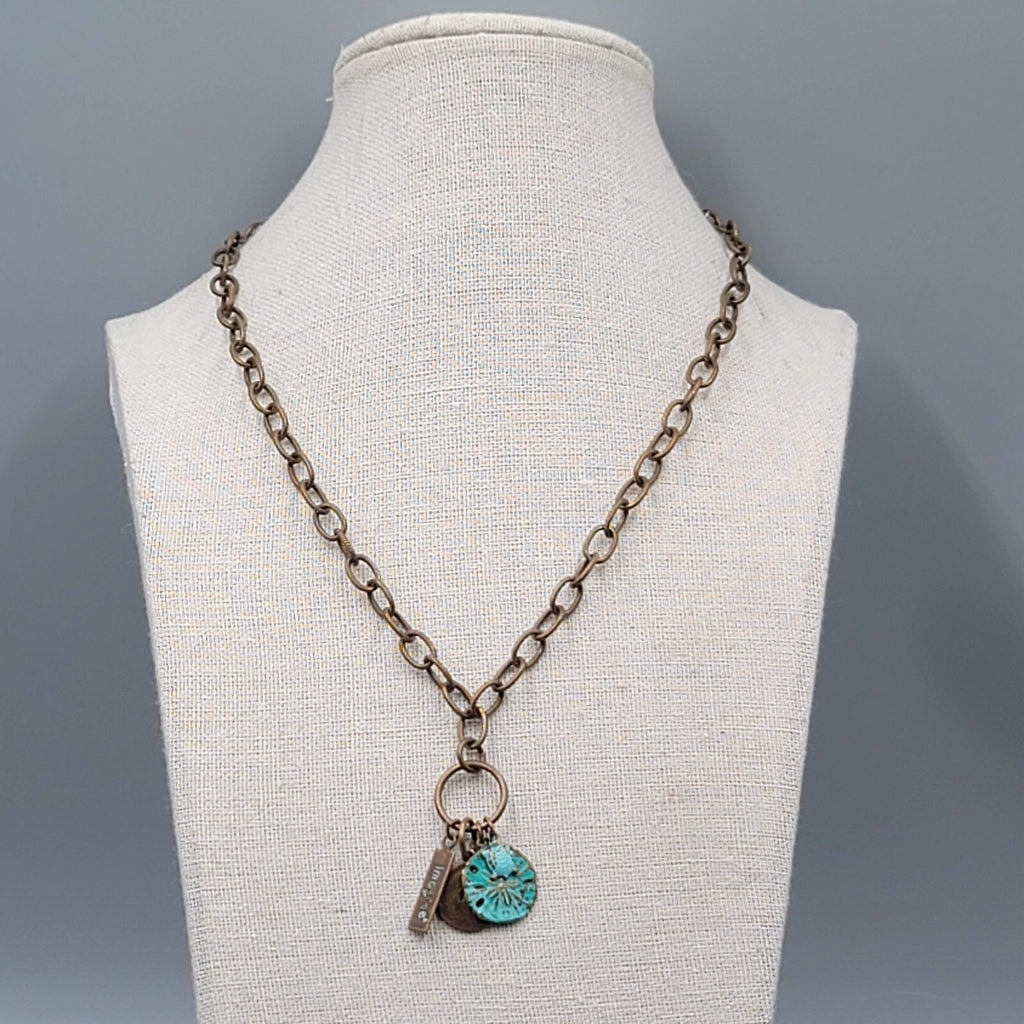 Vintage Bronze Chain Necklace Sea Turtle Sand Dollar Charms Imagine 18"
