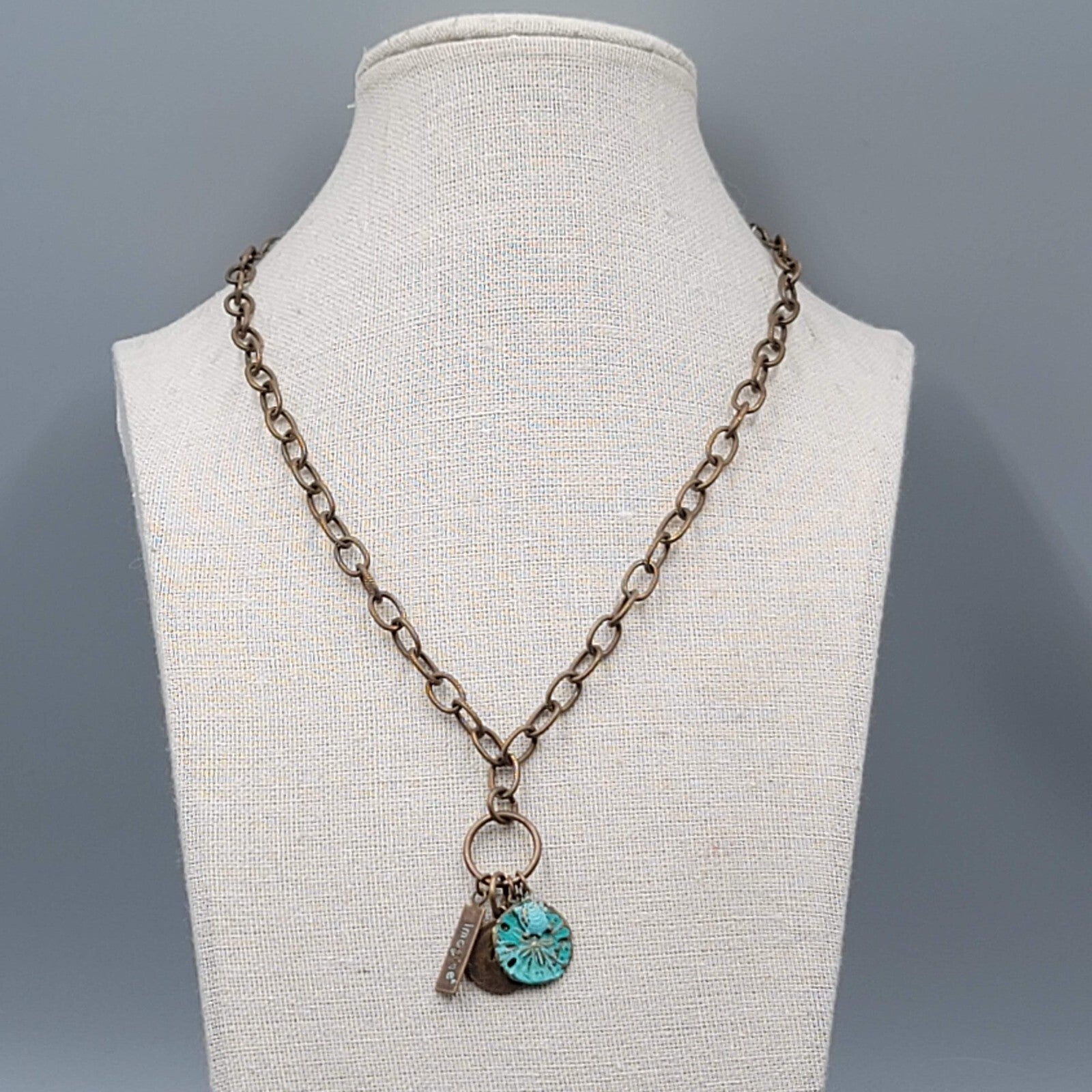 Vintage Bronze Chain Necklace Sea Turtle Sand Dollar Charms Imagine 18"
